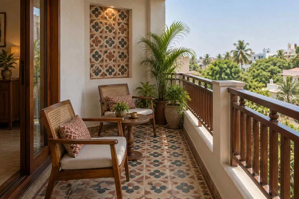 AI-generated outdoor concept: two-chair balcony, chettinad tile direction