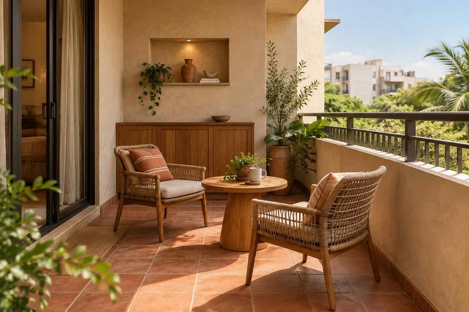 AI-generated outdoor concept: two-chair balcony, clay artisan direction