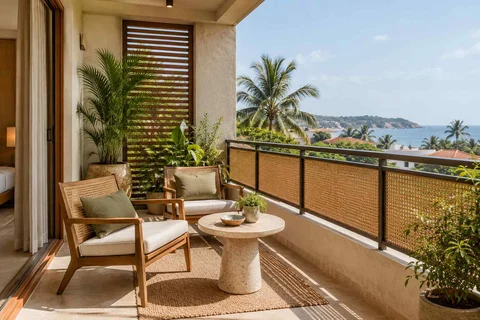 AI-generated outdoor concept: two-chair balcony, coastal woven direction