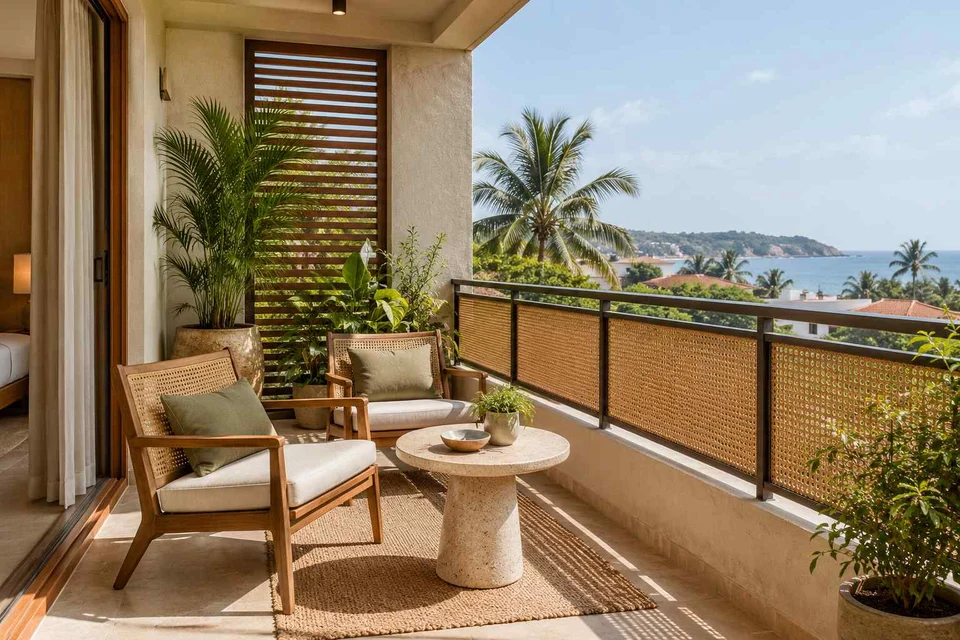 AI-generated outdoor concept: two-chair balcony, coastal woven direction