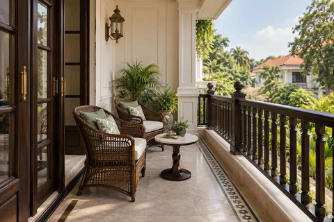 AI-generated outdoor concept: two-chair balcony, colonial quiet direction