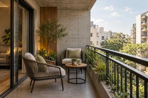 AI-generated outdoor concept: two-chair balcony, concrete and oak direction
