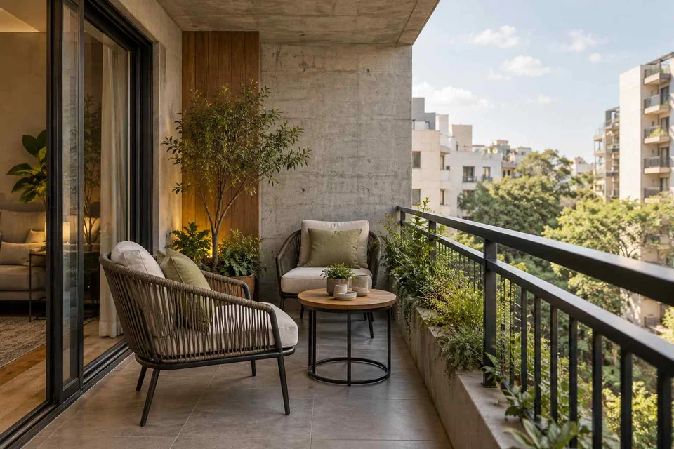 AI-generated outdoor concept: two-chair balcony, concrete and oak direction