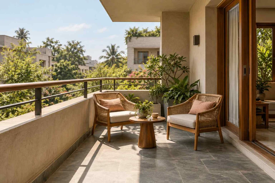 AI-generated outdoor concept: two-chair balcony, courtyard modern direction