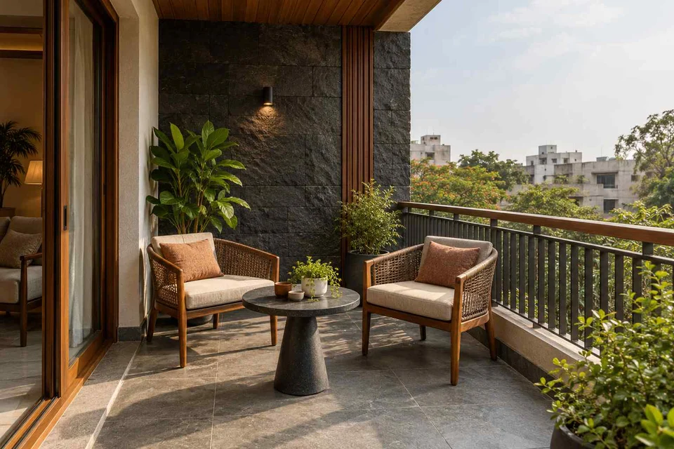 AI-generated outdoor concept: two-chair balcony, deccan stone direction