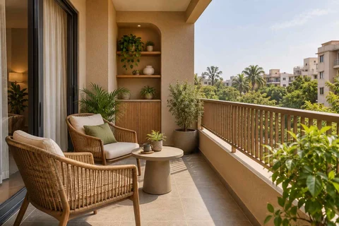 AI-generated outdoor concept: two-chair balcony, earth and bamboo direction