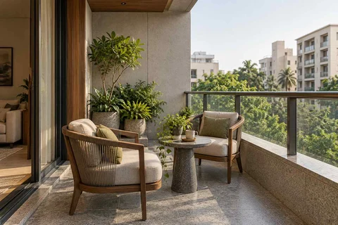 AI-generated outdoor concept: two-chair balcony, granite precision direction