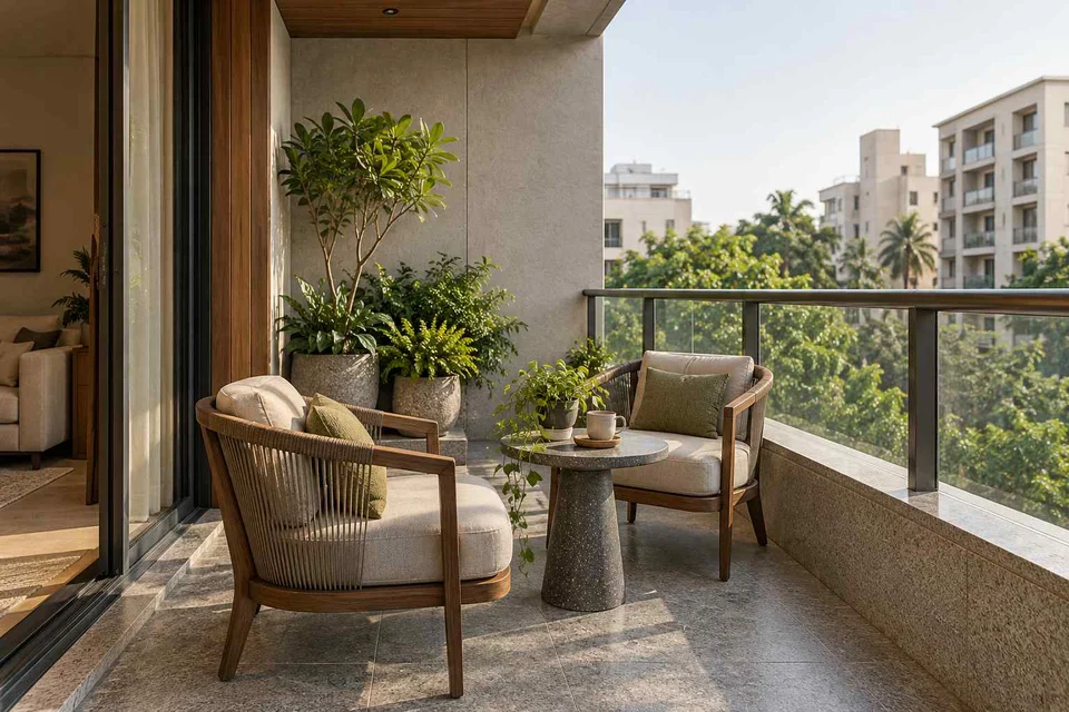 AI-generated outdoor concept: two-chair balcony, granite precision direction