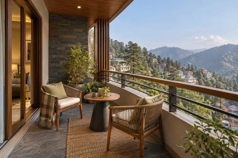 AI-generated outdoor concept: two-chair balcony, hill timber direction