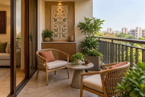 AI-generated outdoor concept: two-chair balcony, inlay atelier direction
