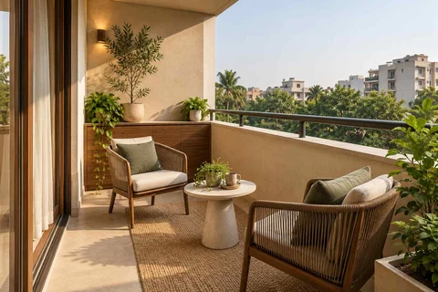 AI-generated outdoor concept: two-chair balcony, lime and walnut direction