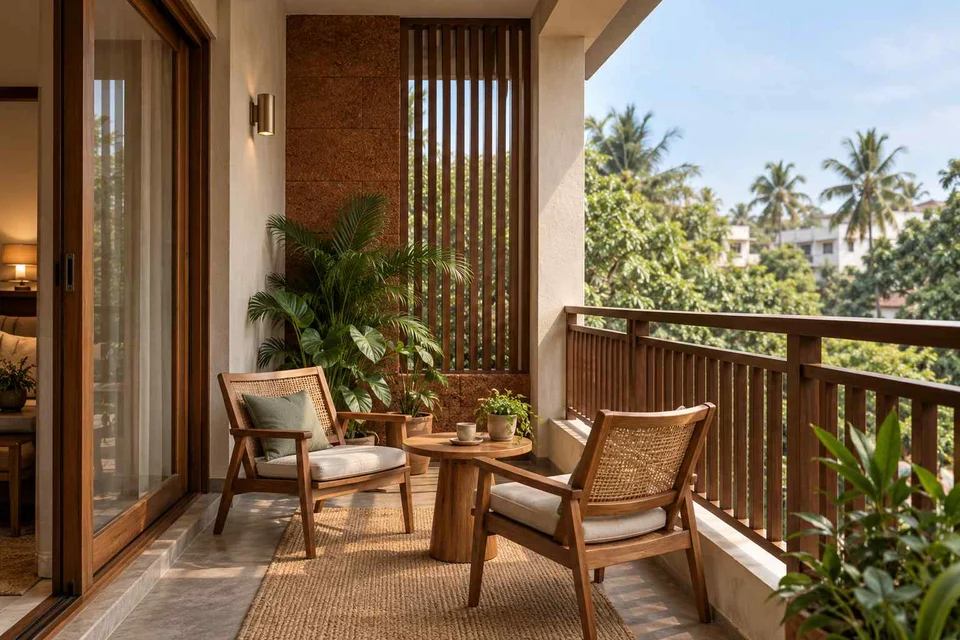AI-generated outdoor concept: two-chair balcony, malabar timber direction
