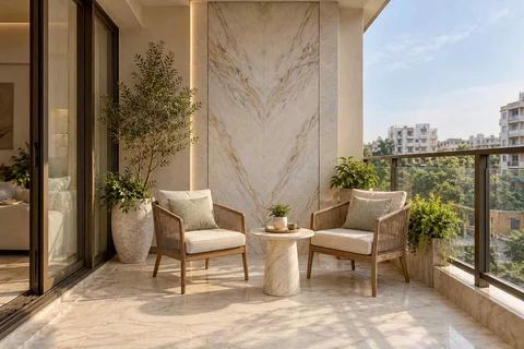 AI-generated outdoor concept: two-chair balcony, marble restraint direction