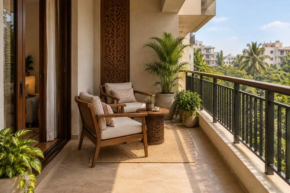 AI-generated outdoor concept: two-chair balcony, modern carved direction