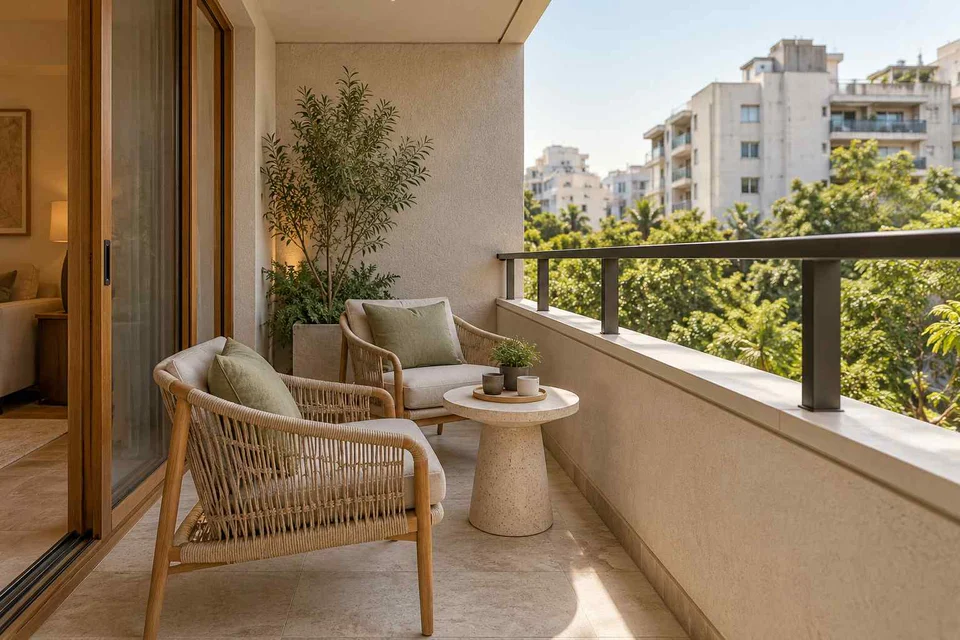 AI-generated outdoor concept: two-chair balcony, quiet contemporary direction