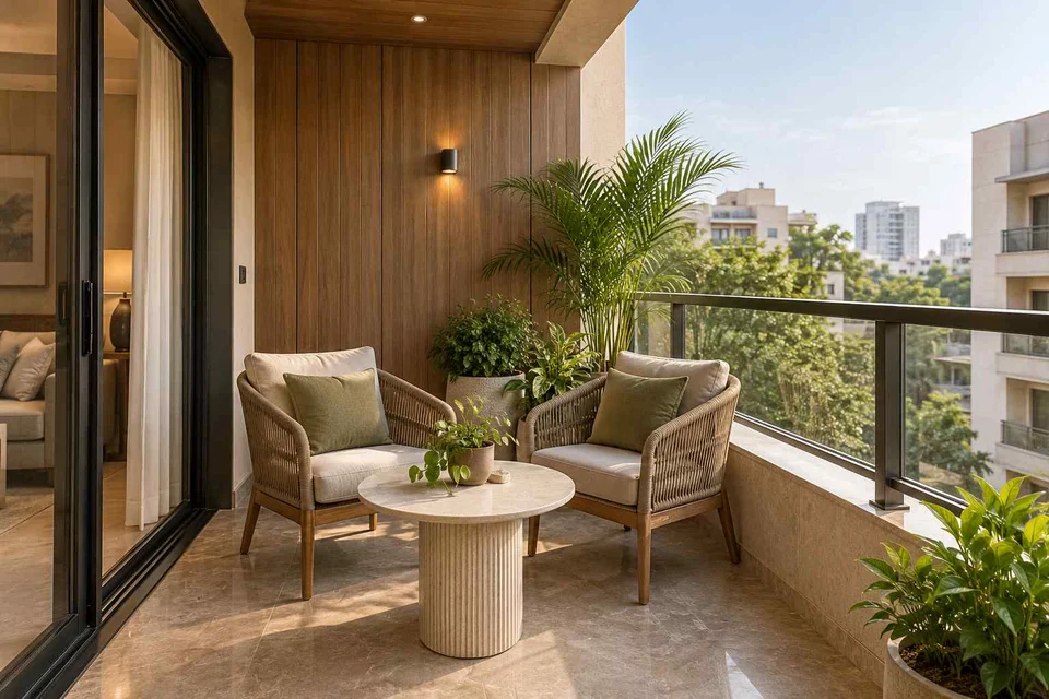 AI-generated outdoor concept: two-chair balcony, quiet transitional direction