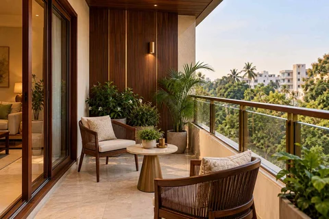 AI-generated outdoor concept: two-chair balcony, rosewood brass direction