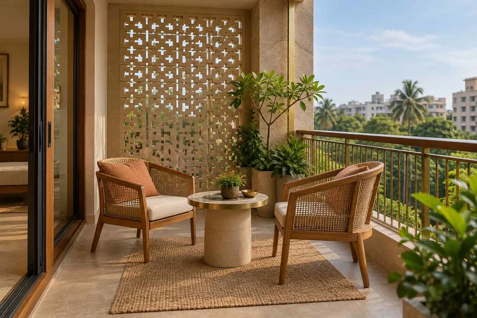 AI-generated outdoor concept: two-chair balcony, sandstone lattice direction
