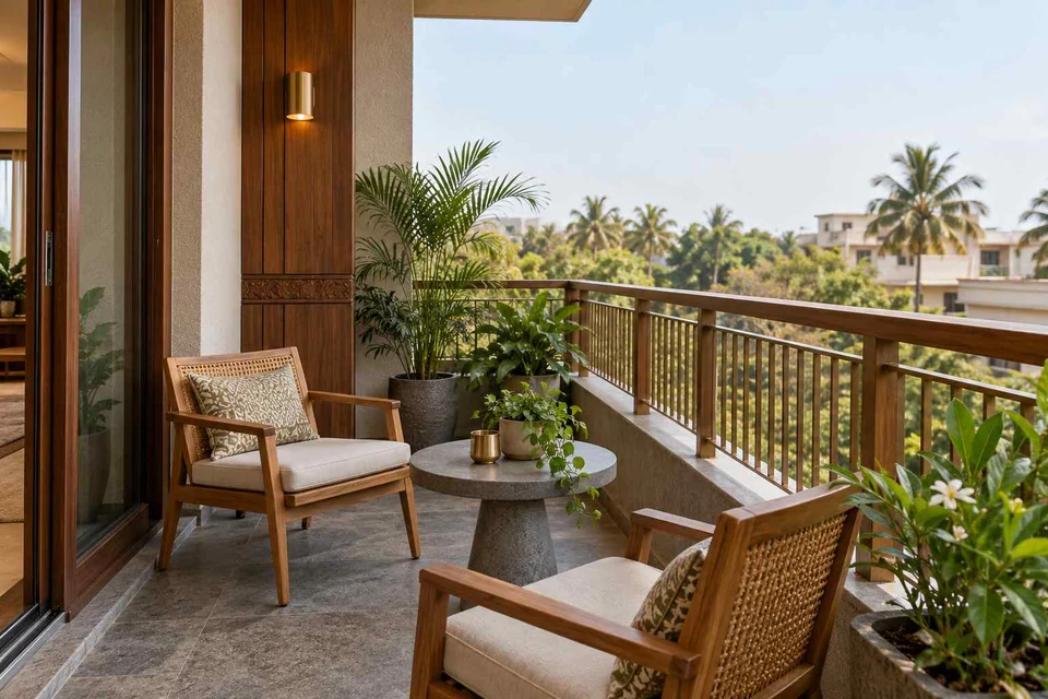 AI-generated outdoor concept: two-chair balcony, teak craft direction