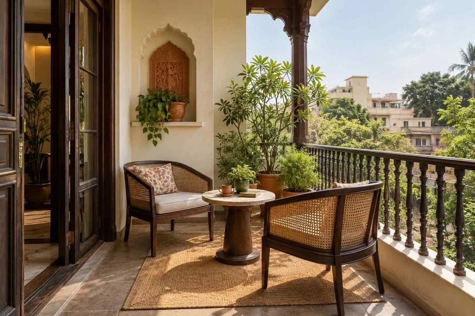 AI-generated outdoor concept: two-chair balcony, terracotta heritage direction