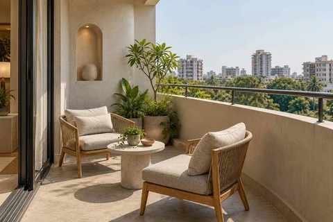 AI-generated outdoor concept: two-chair balcony, textured mineral direction