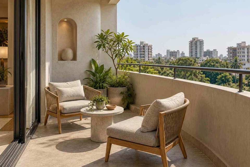 AI-generated outdoor concept: two-chair balcony, textured mineral direction