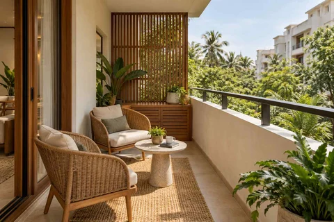 AI-generated outdoor concept: two-chair balcony, tropical slatted direction
