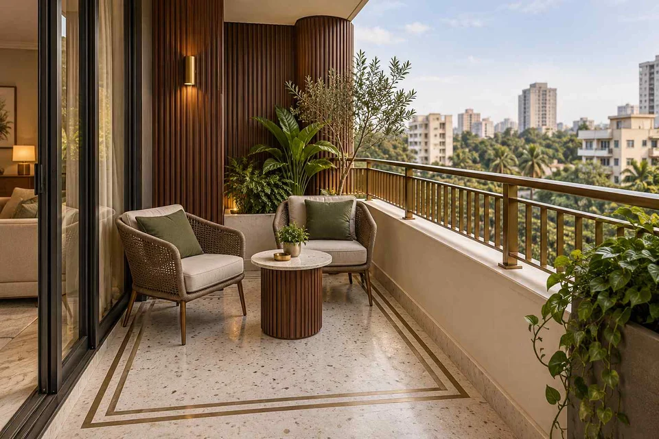 AI-generated outdoor concept: two-chair balcony, urban deco direction