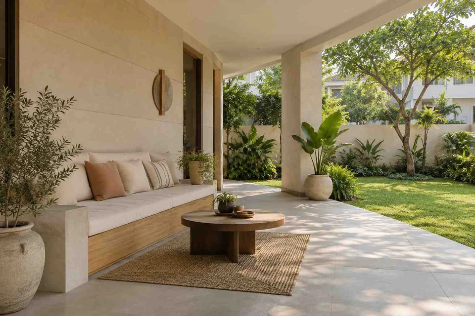 AI-generated outdoor concept: verandah bench retreat, ash and linen direction