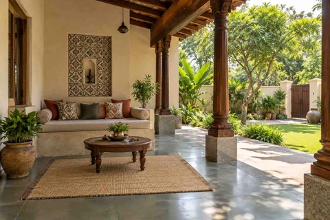 AI-generated outdoor concept: verandah bench retreat, chettinad tile direction