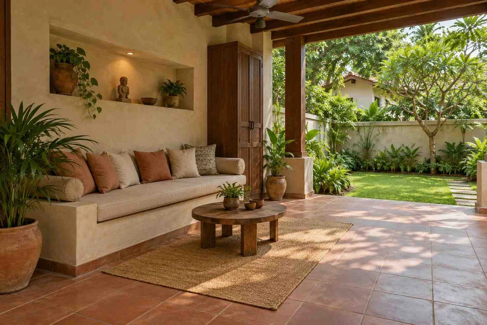 AI-generated outdoor concept: verandah bench retreat, clay artisan direction