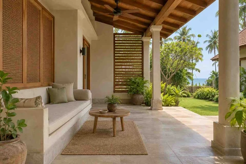 AI-generated outdoor concept: verandah bench retreat, coastal woven direction
