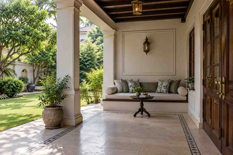 AI-generated outdoor concept: verandah bench retreat, colonial quiet direction