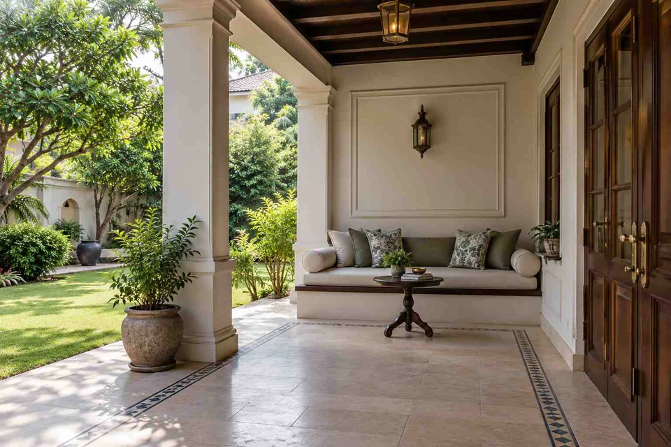 AI-generated outdoor concept: verandah bench retreat, colonial quiet direction