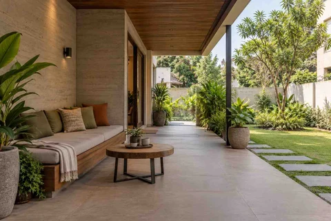 AI-generated outdoor concept: verandah bench retreat, concrete and oak direction