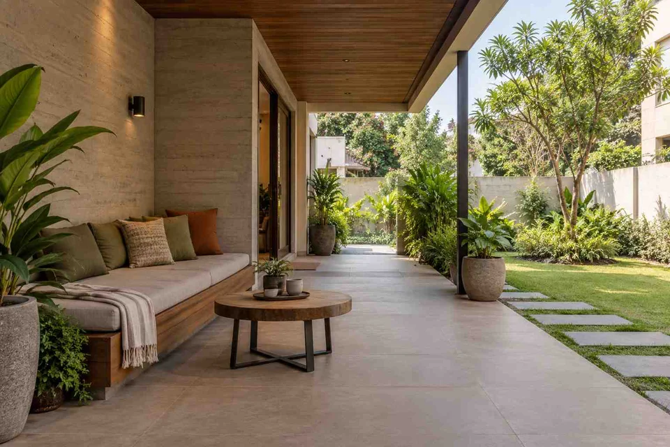 AI-generated outdoor concept: verandah bench retreat, concrete and oak direction