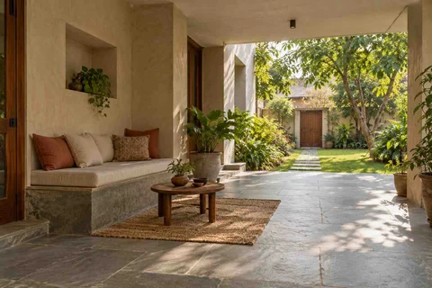 AI-generated outdoor concept: verandah bench retreat, courtyard modern direction