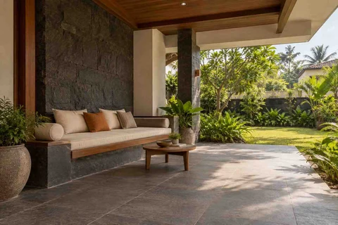 AI-generated outdoor concept: verandah bench retreat, deccan stone direction