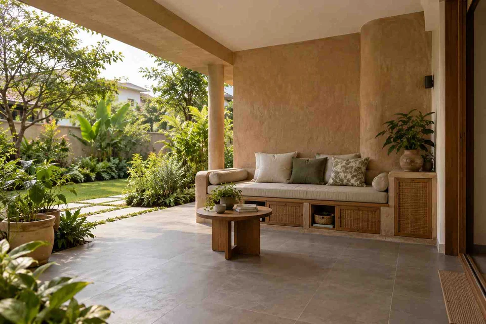AI-generated outdoor concept: verandah bench retreat, earth and bamboo direction