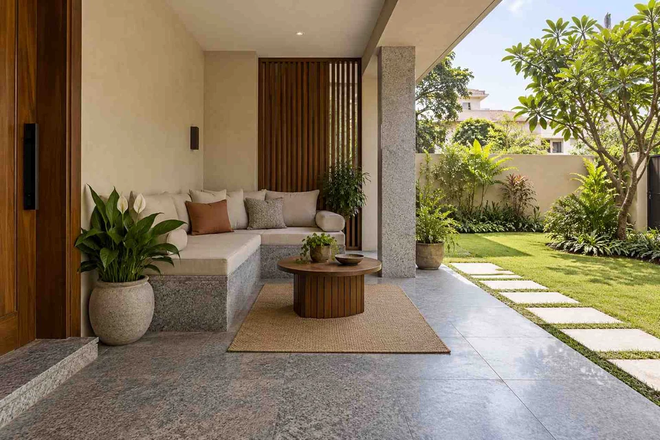 AI-generated outdoor concept: verandah bench retreat, granite precision direction