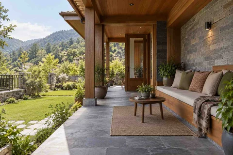 AI-generated outdoor concept: verandah bench retreat, hill timber direction