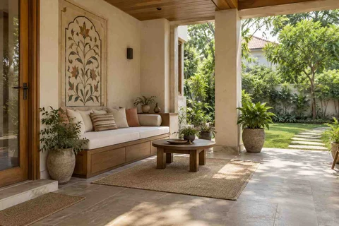 AI-generated outdoor concept: verandah bench retreat, inlay atelier direction
