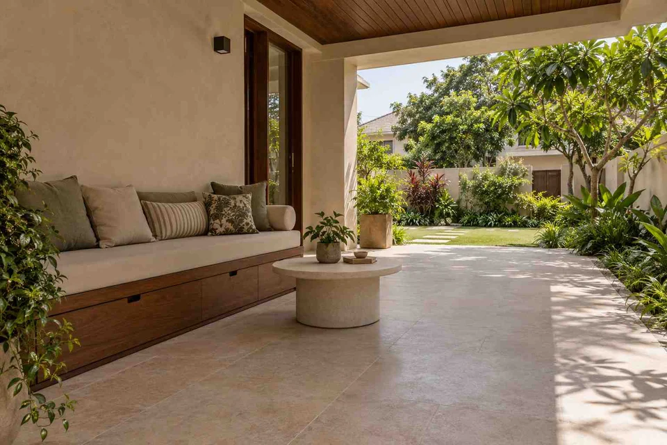 AI-generated outdoor concept: verandah bench retreat, lime and walnut direction