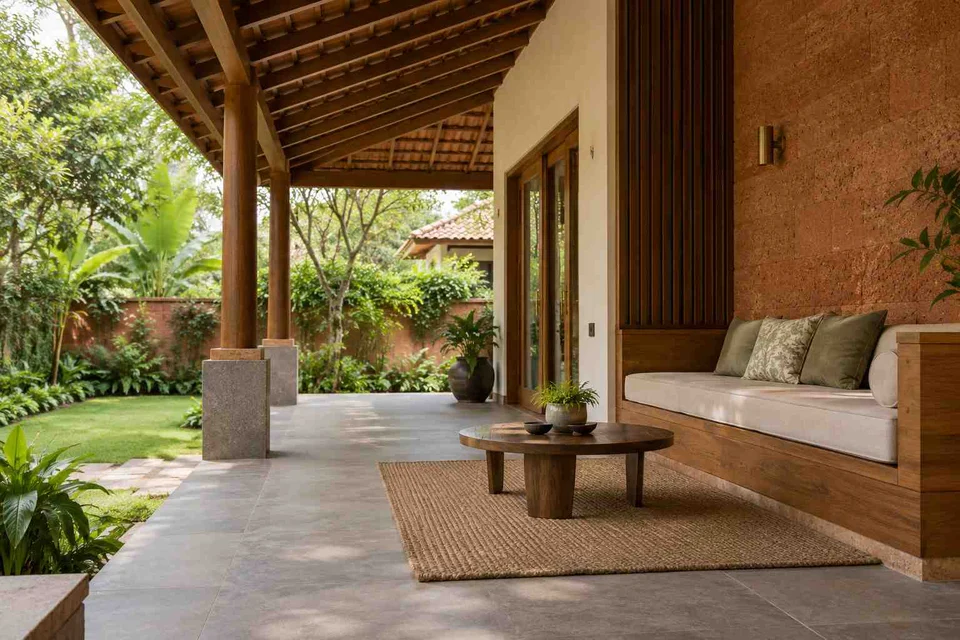 AI-generated outdoor concept: verandah bench retreat, malabar timber direction