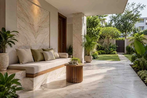 AI-generated outdoor concept: verandah bench retreat, marble restraint direction