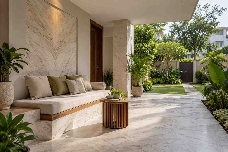 AI-generated outdoor concept: verandah bench retreat, marble restraint direction