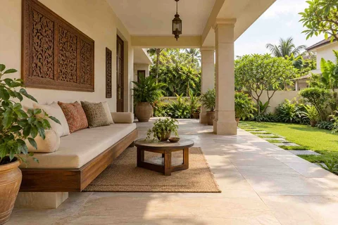 AI-generated outdoor concept: verandah bench retreat, modern carved direction