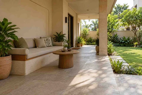 AI-generated outdoor concept: verandah bench retreat, quiet contemporary direction