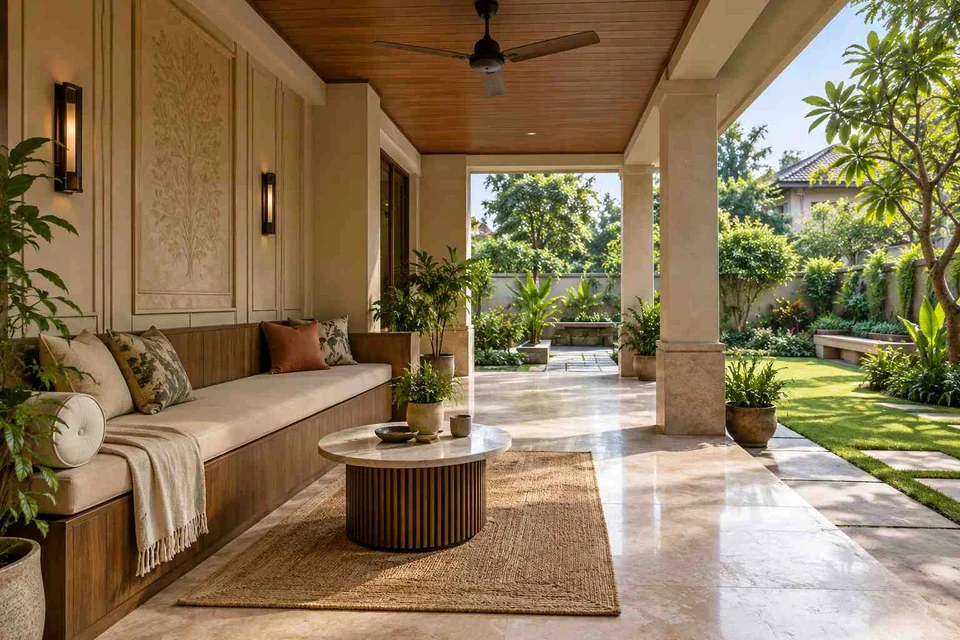 AI-generated outdoor concept: verandah bench retreat, quiet transitional direction