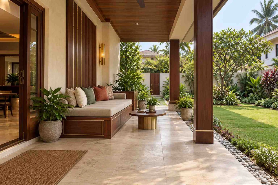 AI-generated outdoor concept: verandah bench retreat, rosewood brass direction